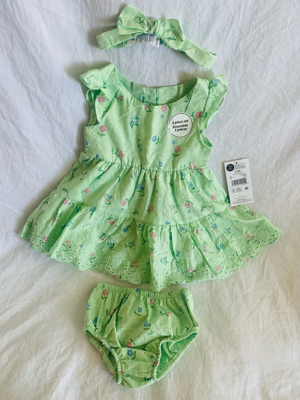 George Light Green Floral Dress with Bloomer & Headband